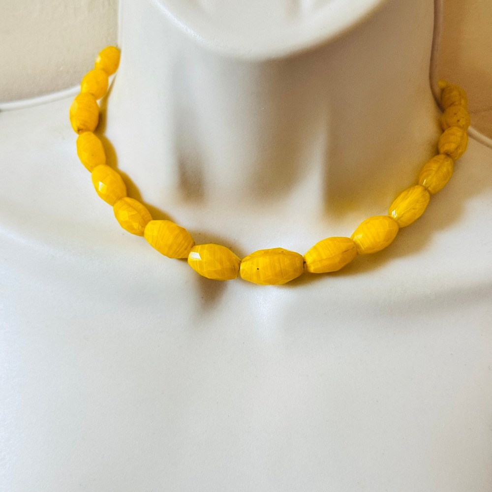 VTG Art Deco Czech Yellow Glass Necklace Flapper Beaded Carved Choker 14.5"